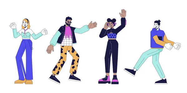 Disco Party Dancers Group Linear Cartoon Characters Set Clubbers Dancefloor — Stock Vector