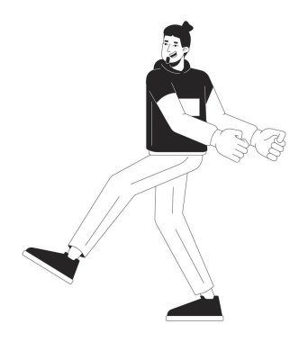 Siyah beyaz dans eden mutlu genç adam çizgi film karakteri. Diskotekte beyaz bir erkek. 80 'lerin müzik partisi davetlisi izole edilmiş vektör çizgisi kişisi. Gece kulübü tek renkli düz nokta illüstrasyonuName