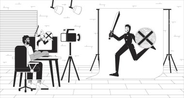 Video game development black and white line illustration. Web designer with actress in mo-cap suit 2D characters monochrome background. Personage creating process outline scene vector image clipart
