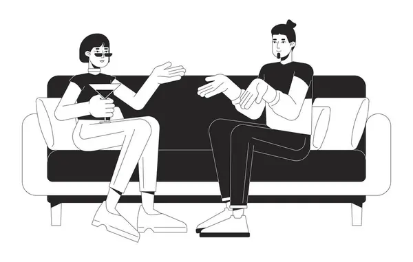 Pareja Joven Hablando Personajes Dibujos Animados Línea Blanco Negro Sofá — Vector de stock