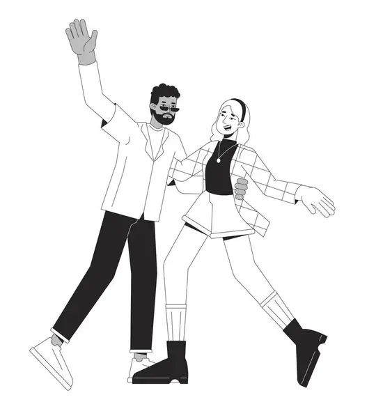 Gelukkig Paar Dansen Zwart Wit Lijn Stripfiguren Vriendje Vriendinnetje Die — Stockvector