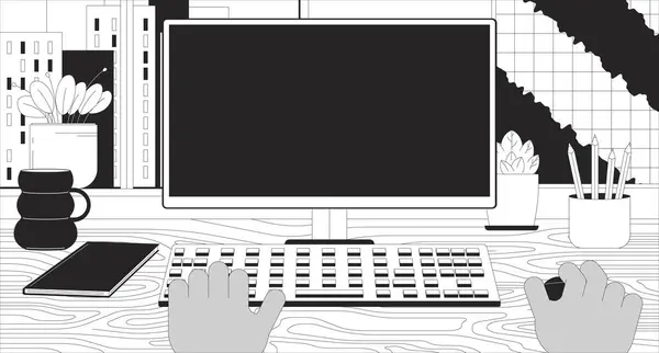 Μαύρος Που Εργάζεται Υπολογιστή Γραμμική Εικόνα Έννοια Blank Οθόνη Στο — Διανυσματικό Αρχείο