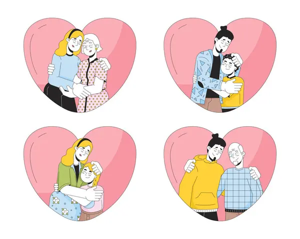 Abraços Familiares Caucasianos Forma Coração Conjunto Personagens Desenhos Animados Lineares — Vetor de Stock