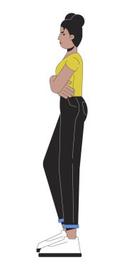 Siyahi kadın 2D çizgi film karakterine güvenmiyor. Afro-Amerikalı yetişkin kadın izole edilmiş çizgi taşıyıcısı beyaz arka plan. Hareketli vücut dili düz nokta illüstrasyonu