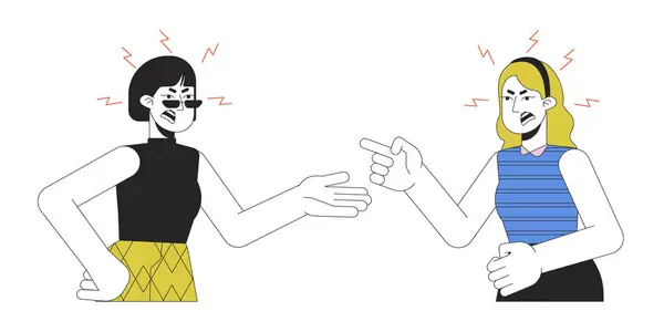 Femmes Relation Toxique Personnages Dessins Animés Linéaires Doigts Pointant Hurlant — Image vectorielle