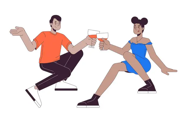 Interracial Paar Brille Klirrt Lineare Zeichentrickfiguren Das Anstoßen Trinkt Weingläser — Stockvektor