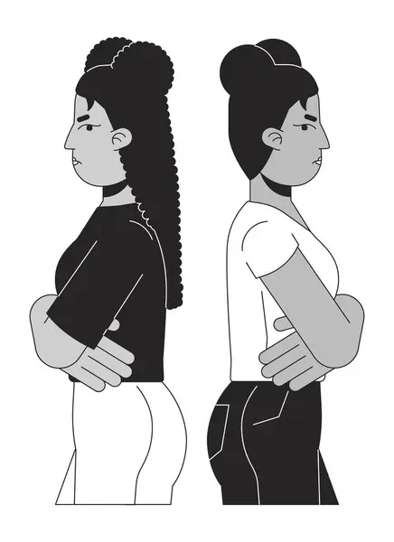 Girls Friends Facing Away Each Other Black White Line Cartoon — Stock Vector