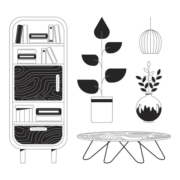 Home Design Furniture Black White Line Cartoon Objects Set Living — Stock Vector