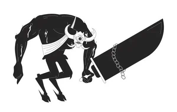 Scary One Eyed Demon Holding Sword Black White Line Cartoon — Stock Vector