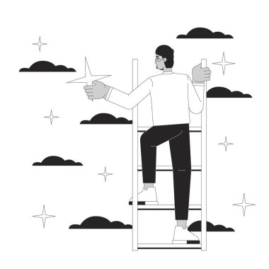 Yıldız tırmanma merdivenine ulaşmak için siyah-beyaz 2B illüstrasyon konsepti. Başarılı iş adamı Arap çizgi film karakteri beyaza izole edilmiş. Hedef başarı metaforu monokrom vektörü