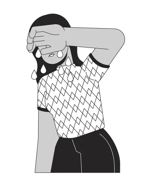 Lágrimas Mulher Choro Índio Preto Branco Personagem Desenho Animado Linha — Vetor de Stock