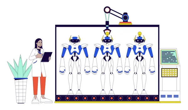 机器人构造二维线性图解概念 输送机卡通人物的工程师控制机器 隔离在白色上 软件开发隐喻抽象平面矢量轮廓图形 — 图库矢量图片