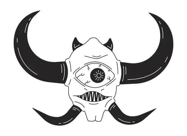 One Eyed Demon Horns Black White Line Cartoon Character Terrifying — Stock Vector