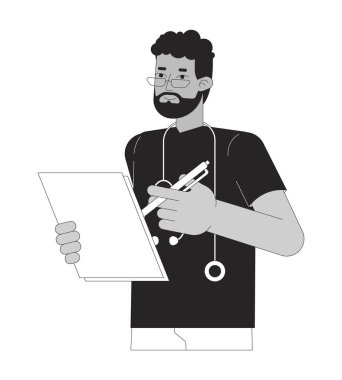 Afro-Amerikalı erkek hemşire, tıbbi siyah-beyaz çizgi film karakterini kontrol ediyor. Doktor, hastanın sağlık durumunu izole ediyor. Hastane monokromatik düz nokta çizimi