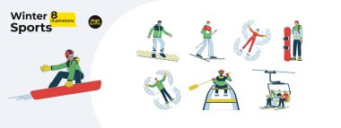 Karlı dağlarda kayak merkezi çizgi çizgi çizgi film düz çizim demeti. Kayak kaldırma, snowboardcu dış giyim 2D çizgi sanatı karakterleri beyaz arka planda izole. Kış vektörü renk koleksiyonu