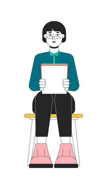 Eyeglasses asian woman job applicant 2D linear cartoon character. Corporate korean female sitting isolated line vector person white background. Professional workplace color flat spot illustration