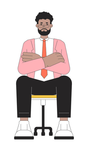 Eyeglasses bearded black male job candidate 2D linear cartoon character. Crossed arms african american man isolated line vector person white background. Office worker color flat spot illustration
