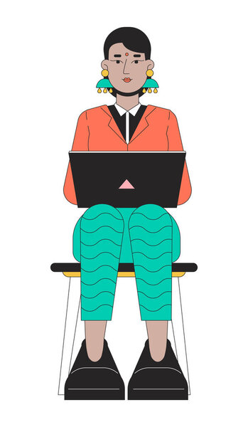 Indian woman job seeker 2D linear cartoon character. Typing laptop south asian female isolated line vector person white background. Meeting appointment interview color flat spot illustration