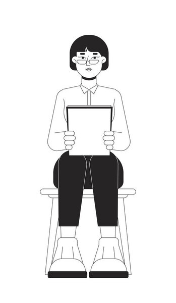 Eyeglasses asian woman job applicant black and white 2D line cartoon character. Corporate korean female isolated vector outline person. Professional workplace monochromatic flat spot illustration