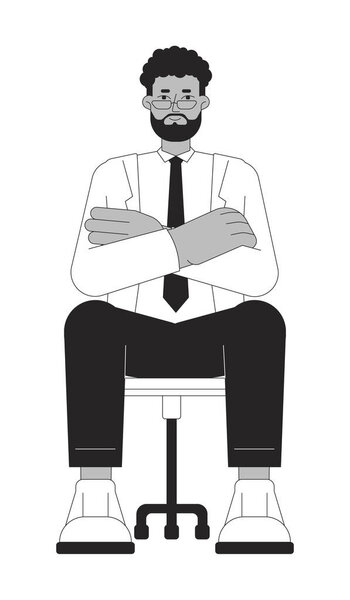 Eyeglasses bearded black male job candidate black and white 2D line cartoon character. Crossed arms african american man isolated vector outline person. Worker monochromatic flat spot illustration