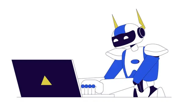 Inteligencia Artificial Personaje Dibujos Animados Lineales Portátil Robot Trabajando Computadora — Vector de stock