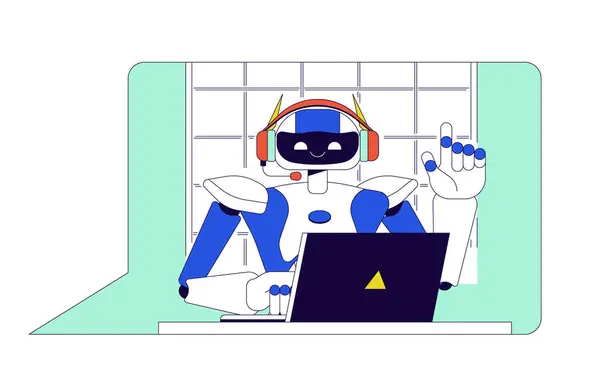 Chat Bot Ordenador Portátil Personaje Dibujos Animados Lineales Robot Consulta — Vector de stock