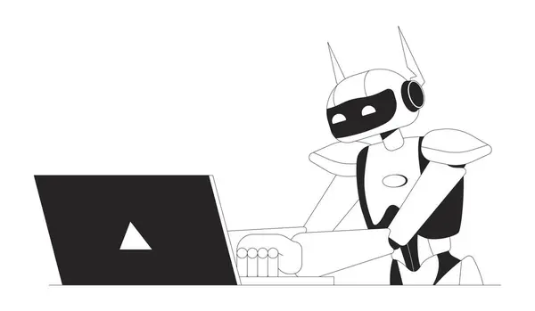 Inteligencia Artificial Personaje Dibujos Animados Línea Blanco Negro Portátil Robot — Vector de stock