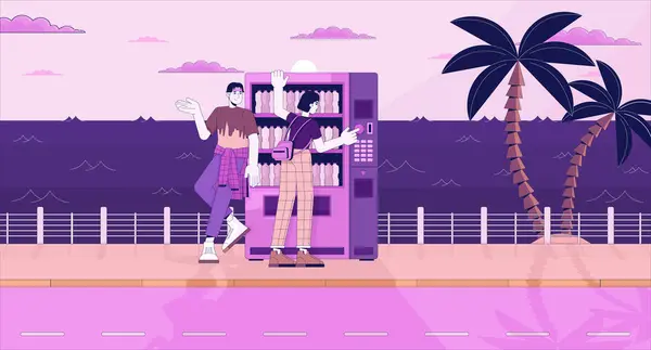 Beverage Vending Machine Friends Line Cartoon Flat Illustration Twilight Orang - Stok Vektor
