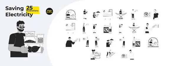 Ahorro Energía Casa Caricatura Blanco Negro Paquete Ilustración Plana Personas — Archivo Imágenes Vectoriales