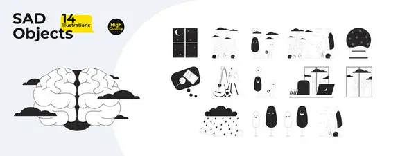 Depresión Estacional Clima Blanco Negro Línea Dibujos Animados Objetos Paquete — Vector de stock
