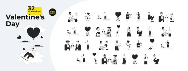Valentines Dating Paar Schwarz Weiß Cartoon Flache Illustration Bündel Glückliche — Stockvektor
