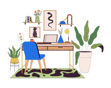 Laptop çizgi çizgi filmi düz resimli ev ofisi. Uzaktan kumandalı iş yeri mobilyaları beyaz arka planda izole edilmiş 2D çizgi sanat objeleri. Canlı apartman sahnesi vektör renk resminden çalışıyor