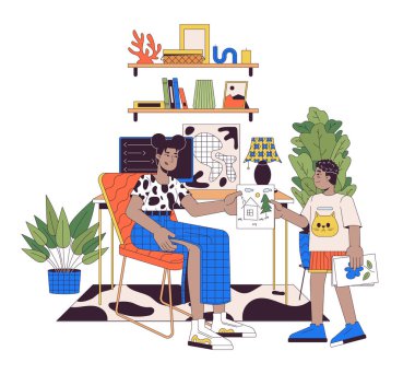 Aile çizgi çizgi çizgi filmi düz illüstrasyon için hazır olmak. Oğul, anne 2D çizgi film karakterlerine resim veriyor. Beyaz arka planda izole edilmiş. Ev ofisi sahne vektör renk resmi