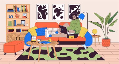 Çizgi filmlerdeki düz çizimler gibi. Samimi çalışma alanı. Kanepenin üzerinde dizüstü bilgisayarı olan İspanyol bir adam. Renkli bir karakter. Ev ofisi sahne vektörü hikaye anlatımından yararlanır