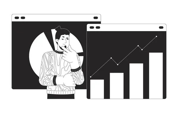 Web数据分析师黑色和白色2D图解概念 统计学家高加索人卡通人物的卡通人物被隔离在白色上 分析学商人男性隐喻单色矢量艺术 — 图库矢量图片