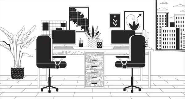 Double Desk Home Office Black White Line Illustration Workplace Two — Stock Vector