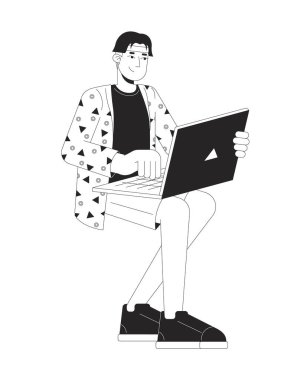 Siyah beyaz dizüstü bilgisayar yazan Koreli genç bir adam. 2D çizgi film karakteri. Not defteriyle oturan Asyalı adam izole edilmiş vektör çizgisi kişisi. Çalışmak, evde çalışmak monokromatik düz nokta çizimi