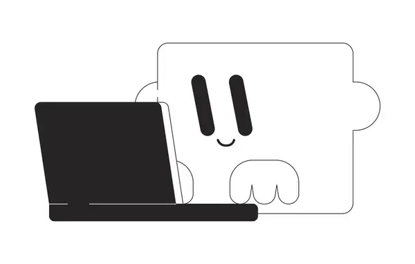 Peça Quebra Cabeça Digitando Laptop Preto Branco Personagem Desenho Animado — Vetor de Stock