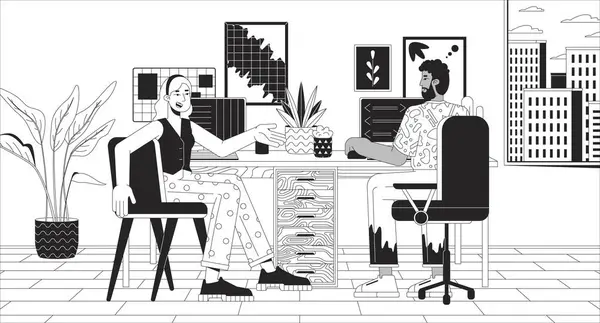 Compartilhando Home Office Ilustração Linha Preto Branco Colegas Multirraciais Trabalhando — Vetor de Stock