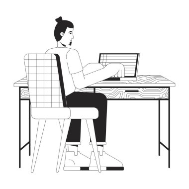 Dizüstü bilgisayarda çalışan adam siyah-beyaz 2D çizgi film karakteri. Avrupalı bir ofis çalışanı, masa başı izole edilmiş vektör taslağı kişisi. Serbest çalışan monokromatik düz nokta illüstrasyonunun minimalist işyeri