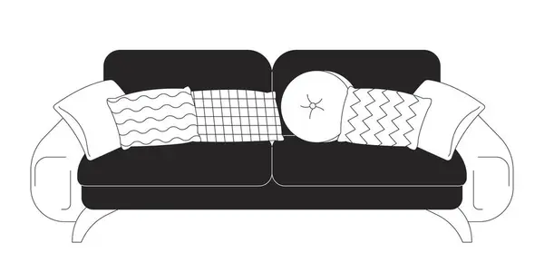 さまざまな枕が付いている居心地の良いソファー 2D線形漫画の目的 柔らかいソファーのリビングルームの家具によって隔離されるライン ベクトル要素白い背景 ホーム インテリアデザイン モノクロマティックフラットスポットイラスト — ストックベクタ