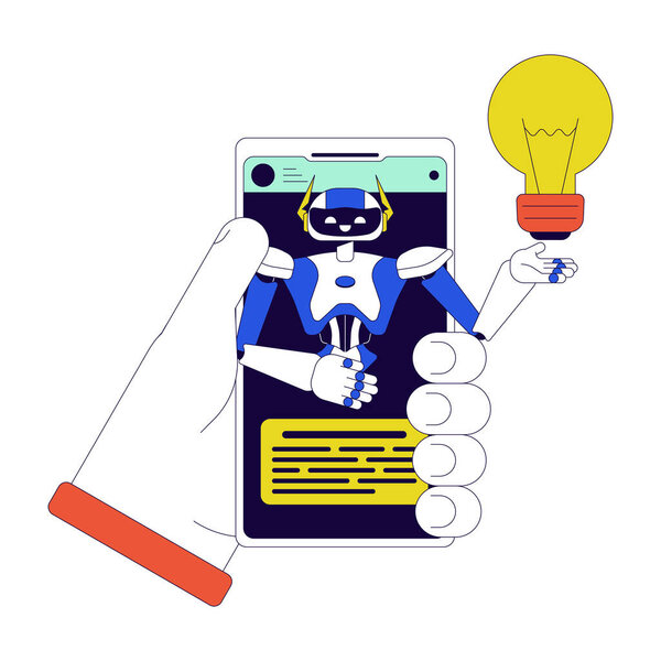 Концепция 2D смартфона виртуального агента. Роботизированная рука персонажа мультфильма автоматизации процесса изолирована на белом. Чат-бот службы поддержки клиентов метафора абстрактный плоский векторный контур графика