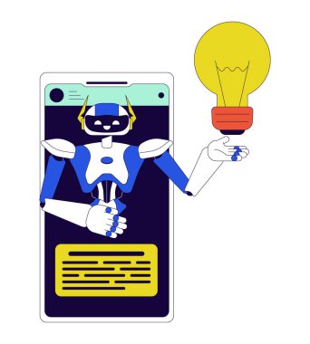 Yapay zeka asistanı cep telefonu 2D çizgisel nesne. Fikir üretimi algoritması cep telefonu izole edilmiş çizgi vektör elemanı beyaz arkaplan. Yapay zeka sohbet robotu renk düz nokta çizimi