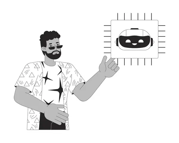 Hombre Barbudo Con Personaje Dibujos Animados Línea Blanco Negro Microchip — Vector de stock