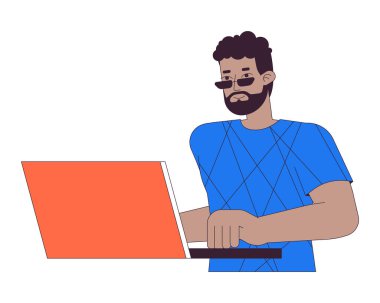 Laptop 2D doğrusal çizgi film karakteri kullanan Afro-Amerikan bir adam. Bilgisayarda gözlüklü siyah adam, izole edilmiş hat vektörü, beyaz arka plan. İnternet rengi düz nokta resimlemesi sörfü