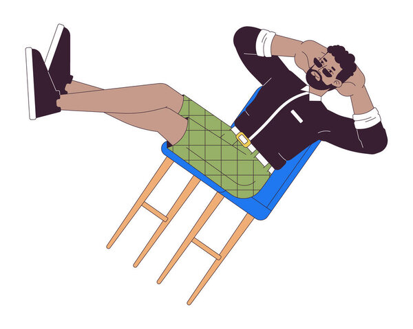 Carefree man balancing on chair 2D linear cartoon character. African american guy resting isolated line vector person white background. Enjoying free time and laziness color flat spot illustration