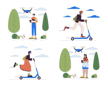 Günlük yaşam çizgisindeki teknoloji düz çizimler seti. Çok kültürlü insanlar, beyaz arka planda izole edilmiş 2D çizgi film karakterleri. İnsansız hava aracı, e-scooter sahneleri vektör renk resimleri koleksiyonu