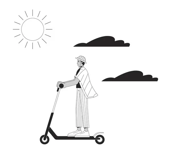日当たりの良い日黒と白の2Dライン漫画のキャラクターでキックスクーターに乗っている若い男 週末に孤立したベクターアウトラインを楽しみながらインドの男性 ライフスタイルモノクロマティックフラットスポットイラスト — ストックベクタ