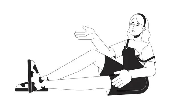 Blonde Woman Gesturing While Sitting Black White Line Cartoon Character Stock Illustration