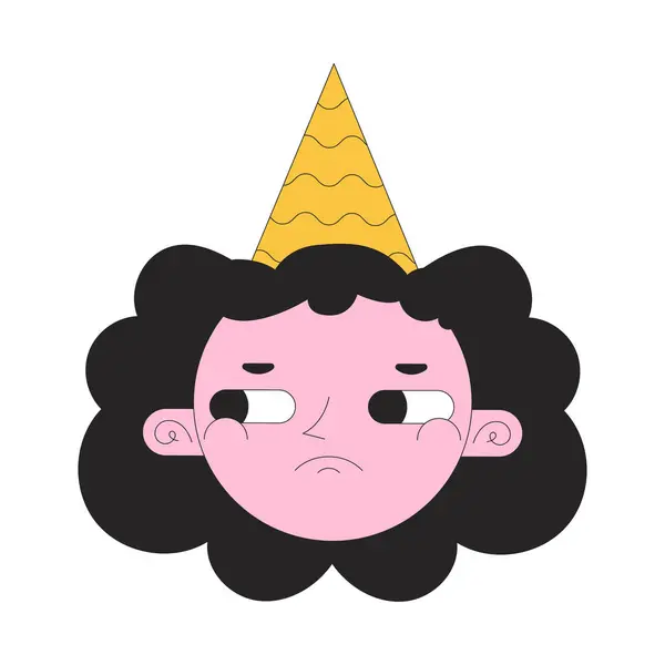 Sad Girl Birthday Hat Linear Vector Avatar Illustration Wavy Hair — Stock Vector